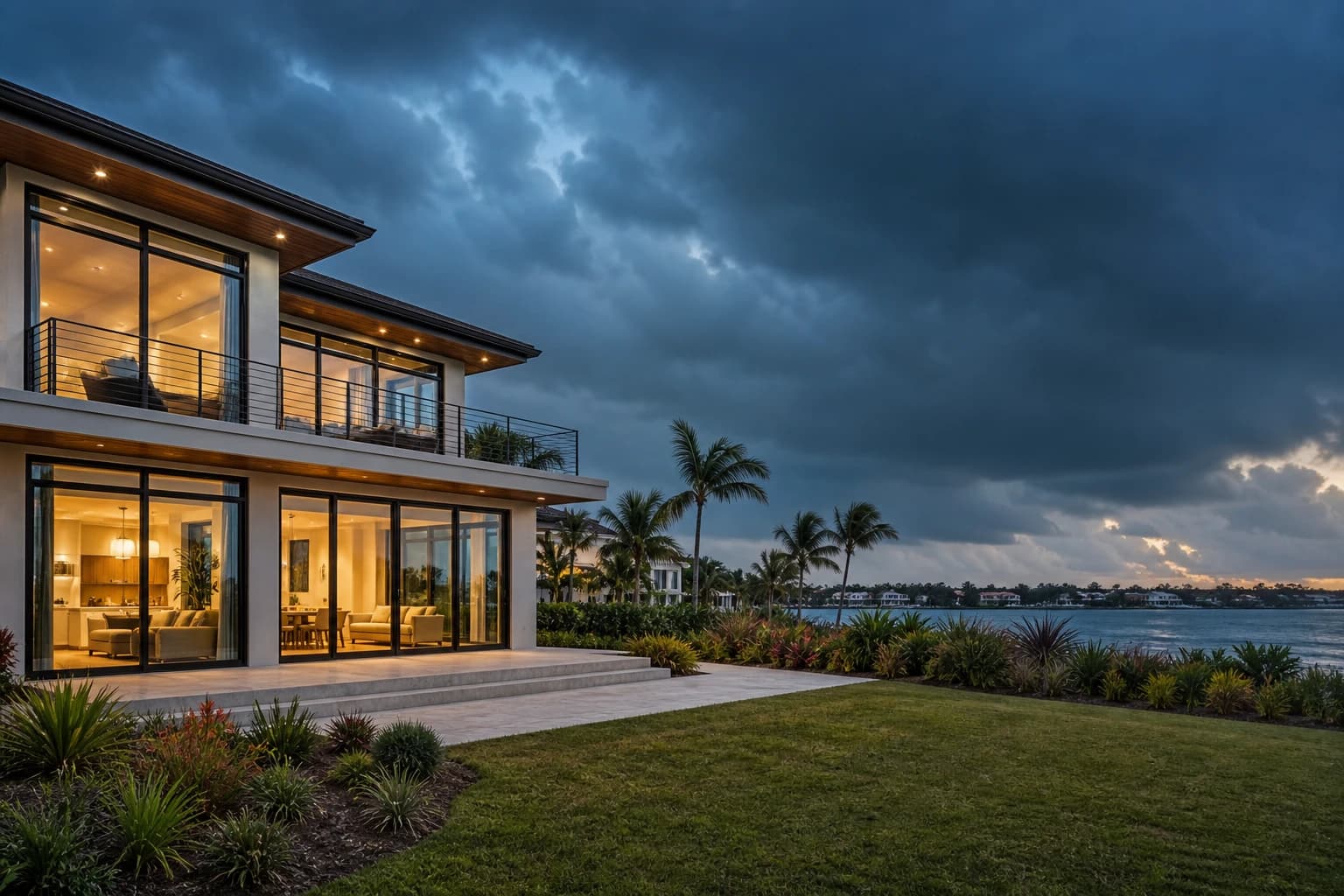 Coastal home with large windows beneath gathering storm clouds