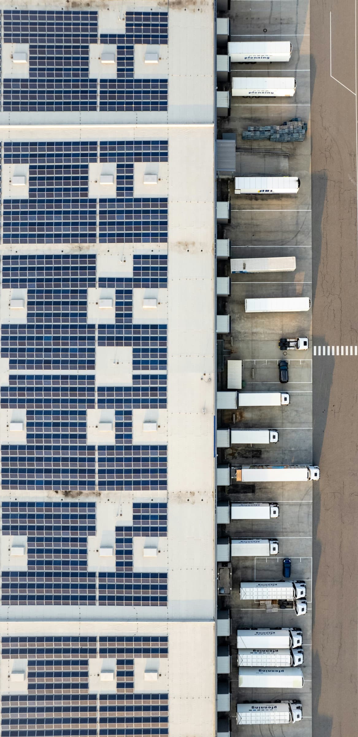 Warehouse roof and loading dock viewed from above
