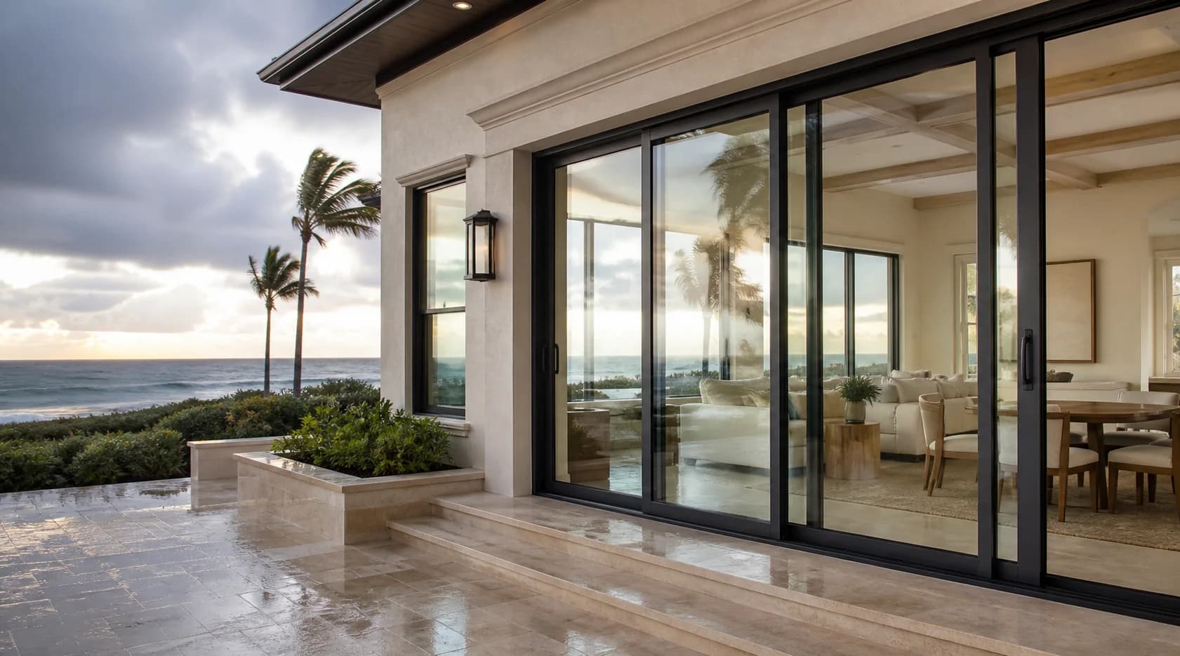 Single-family coastal home with coordinated impact windows and doors
